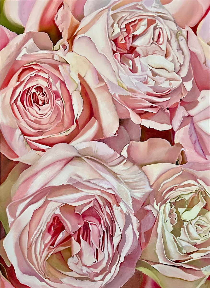 Expressive Botanical Oil Painting By Natalia Lugovskaya, 29 X 39", Roses De Mai, Original Artwork