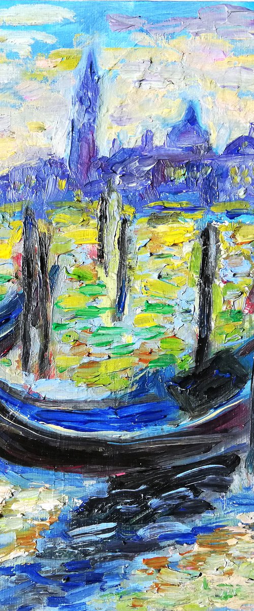 "Night Boats in Venice" Original Oil on Canvas Board Painting 6 by 8 inches (20x15 cm) by Katia Ricci