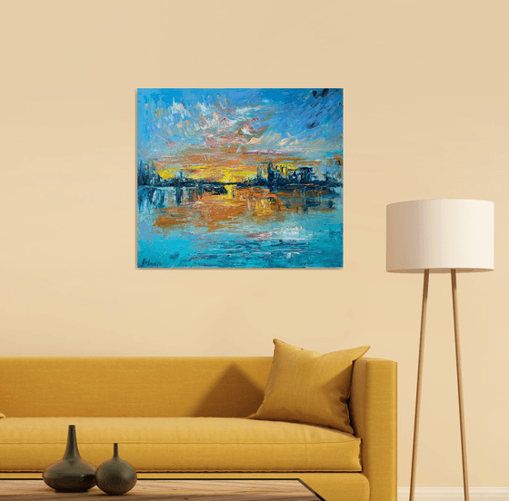 Sunset - Big city never sleeps, 70*80cm, impressionistic landscape oil painting in orange and turquoise