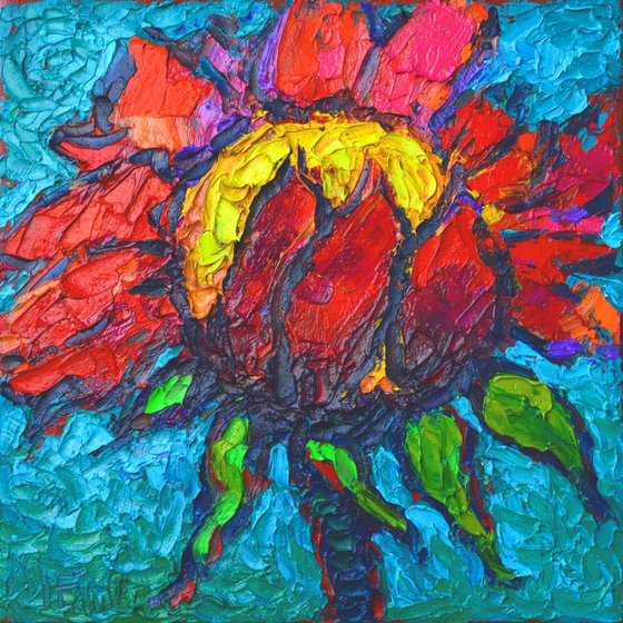 ABSTRACT FLORAL - WINDY RED SUNFLOWER - vibrant palette knife oil painting