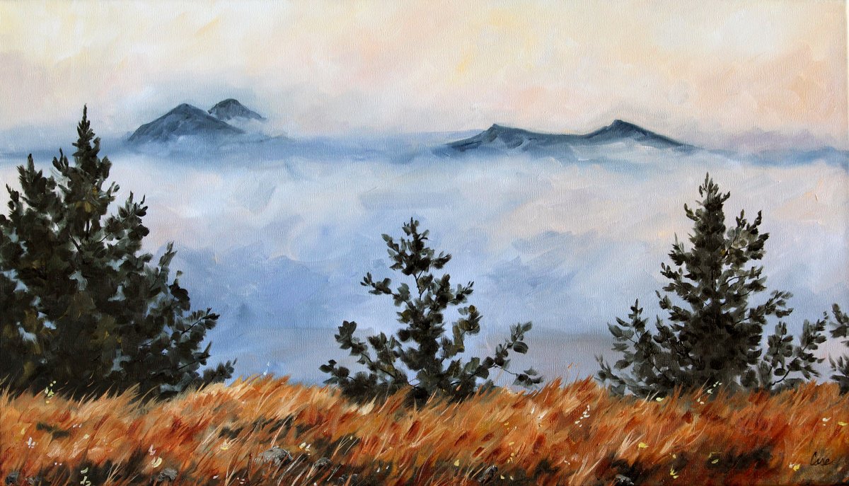 Impressionistic Landscape Oil Painting By Katrina Case, 37 X 23", Buttes In The Fog, Original Artwork