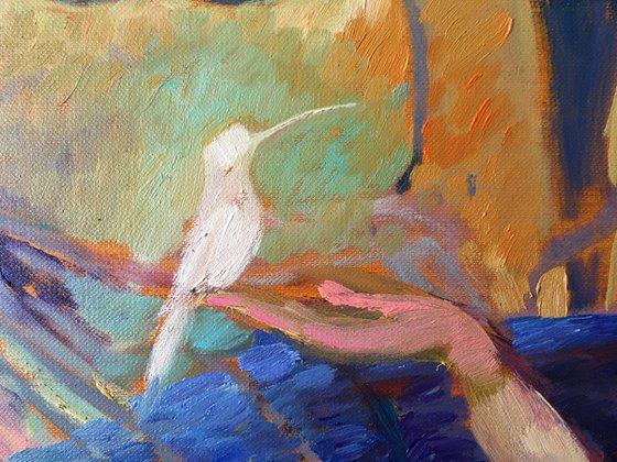 INFINITY MUSIC (from the Coloured Dreams series) - small painting with an angel and a bird in a wonderful world