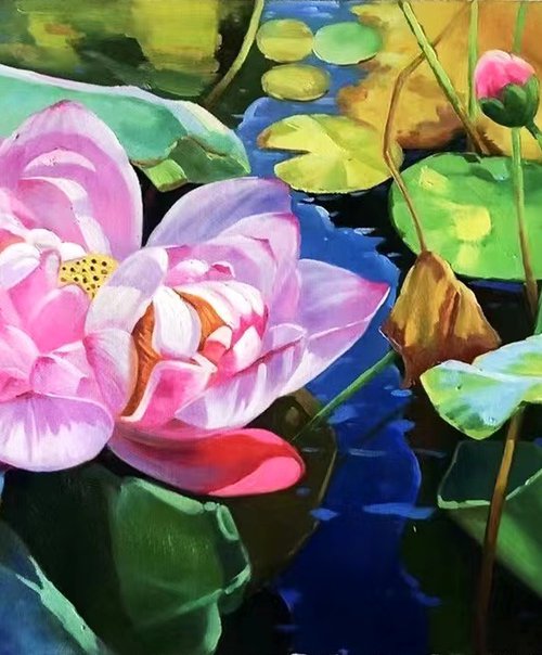 Still life oil painting:Lotus c086 by Kunlong Wang