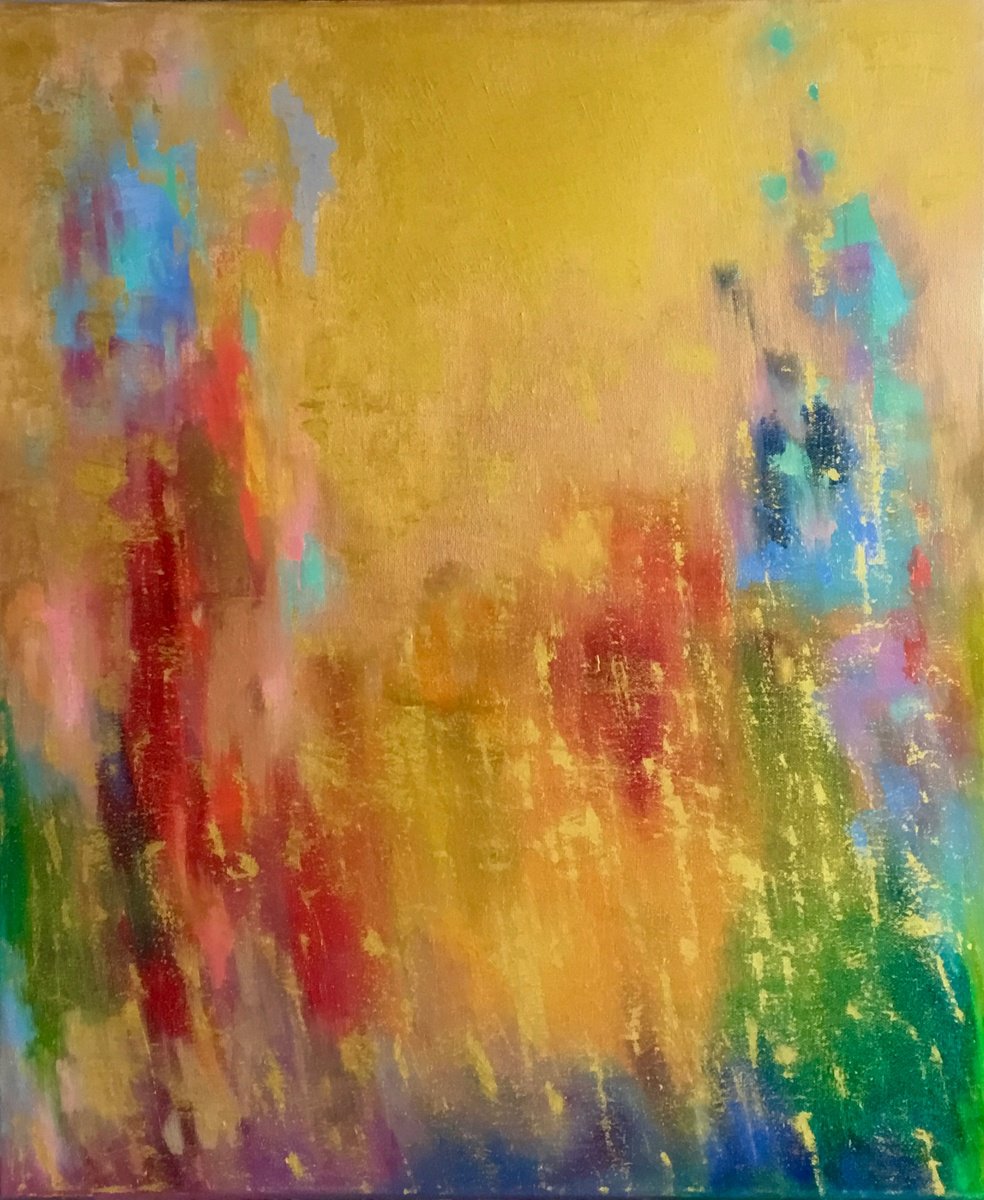 Organic Abstract Oil Painting By Vera Klimova, 20 X 24", Golden Rain, Original Artwork