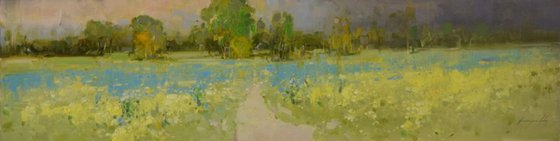 Yellow Meadow Landscape Handmade oil painting One of a kind Large Size