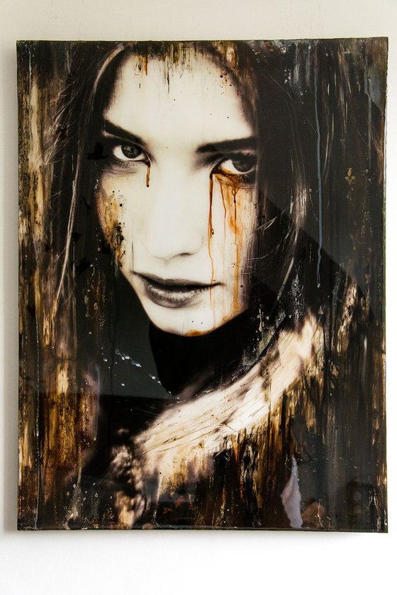 "Cry no more" (80x60x3cm) - Unique portrait artwork on wood (abstract, portrait, gouache, original, epoxy, painting, acrylic, oil, watercolor, wood)