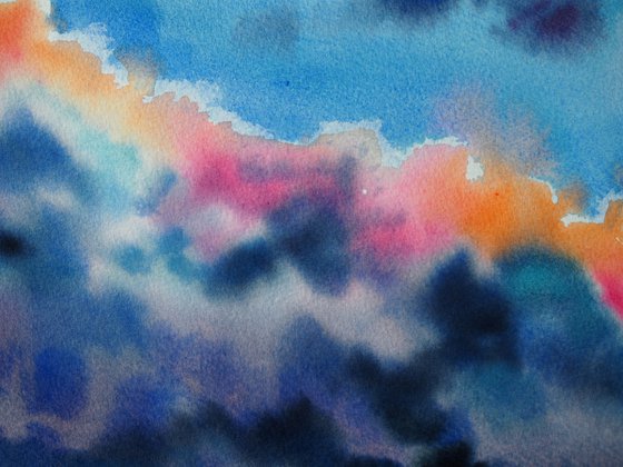 New moon - original watercolor sky and clouds painting
