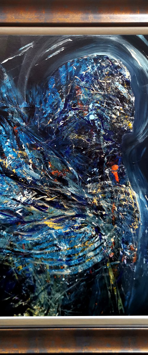Framed Enigmatic Abstract Dark Blue Angel Series Painting By KLOSKA by Kloska Ovidiu
