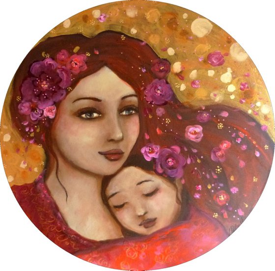 "Tendre mère-veilleuse  " acrylic  on round canvas 40cm