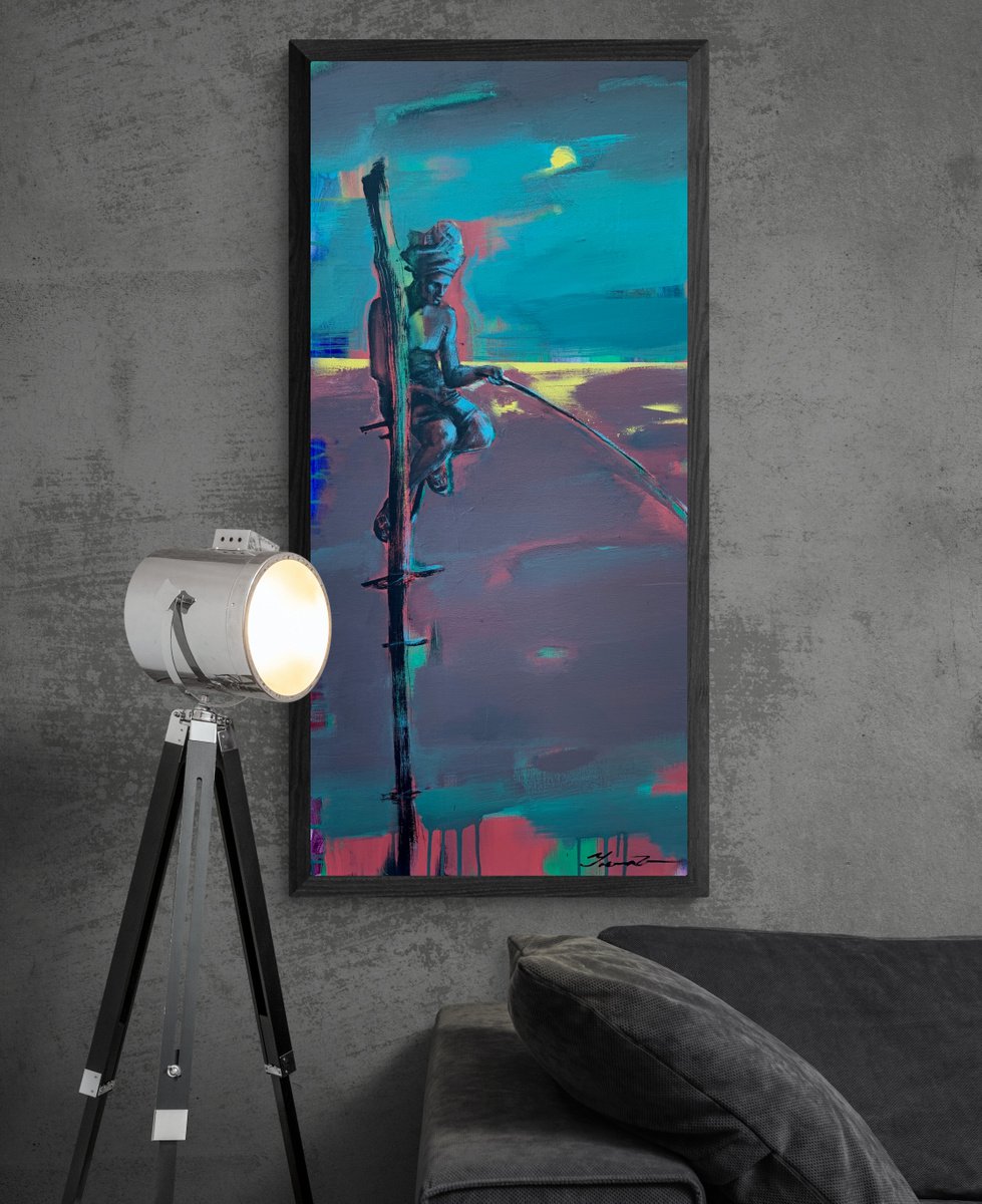 Expressive Portrait Acrylic Painting By Yaroslav Yasenev, 20 X 43", Sri Lanka Fisherman, Original Artwork