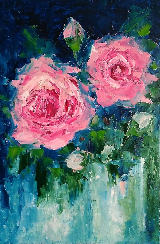 Pink Roses Painting Original Art Floral Artwork Flower Bouquet Wall Art