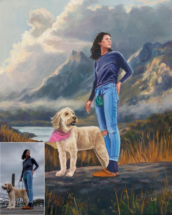 Personalized dog and owner oil portrait