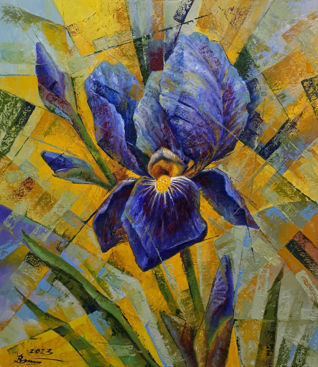 Impressionistic Botanical Oil Painting By Serhii Voichenko, 28 X 32", Iris, Original Artwork