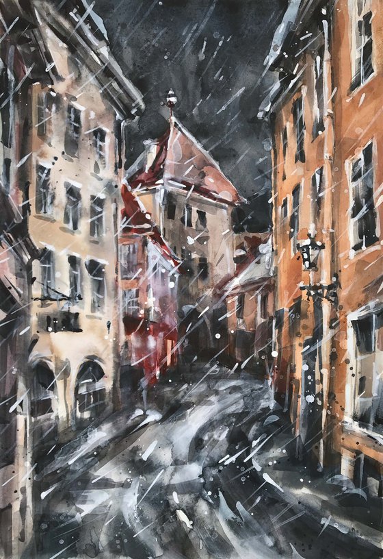 Snow street. one of the kind, original painting, watercolour.
