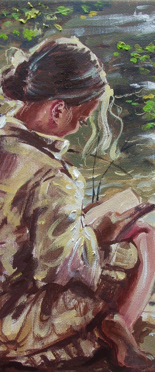 " WAITING FOR SPRING WITH BOOK ON LAKE " by Monika Luniak