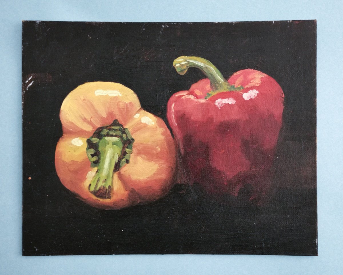 Impressionistic Still Life Acrylic Painting By Paul Nash, 10 X 8", A Red And Yellow Pepper, Original Artwork