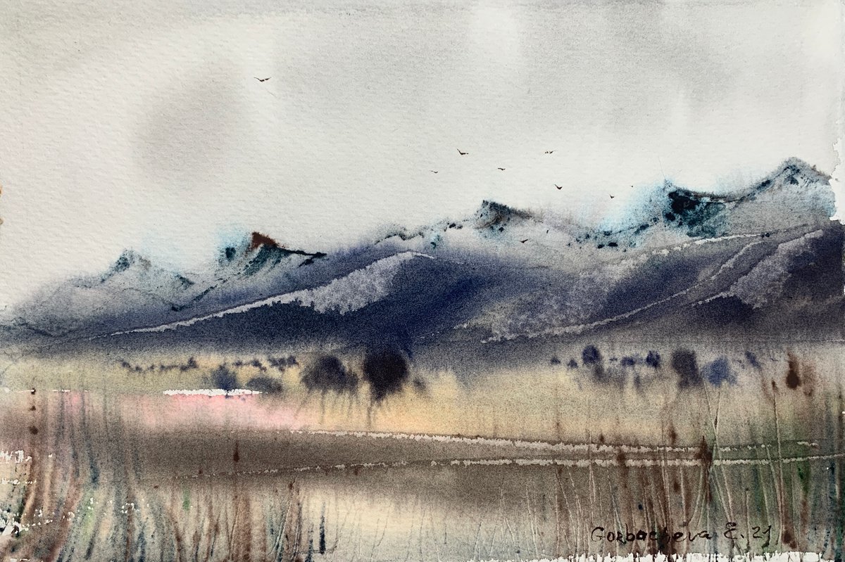 Impressionistic Landscape Watercolour By Eugenia Gorbacheva, 11 X 7, Mountainscape #22, Original Artwork