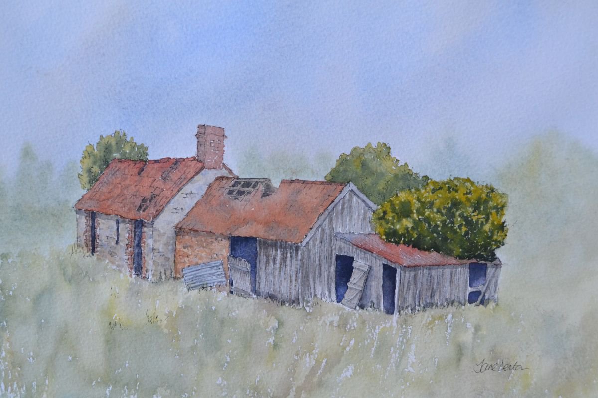 Derelict Farm Building - Original Pen & Wash Painting by JANE DENTON