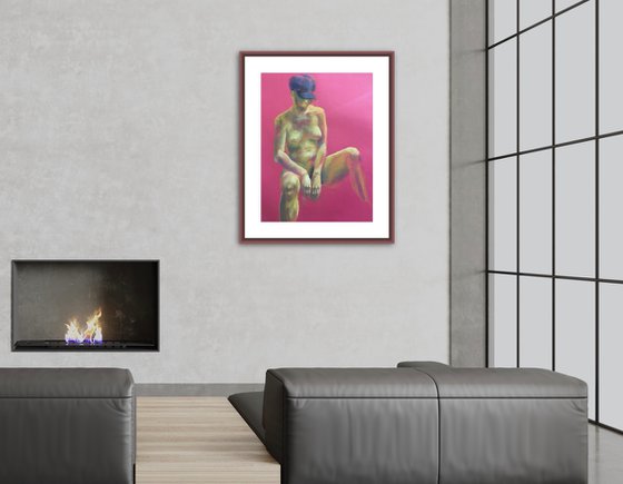 Fuchsia Nude Girl, 50*65, a soft pastel impressionistic drawing on a pink paper