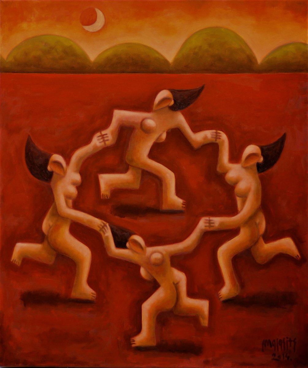 Surrealistic Portrait Oil Painting By Malasits Zsolt, 31 X 37", Dancing Quartet, Original Artwork