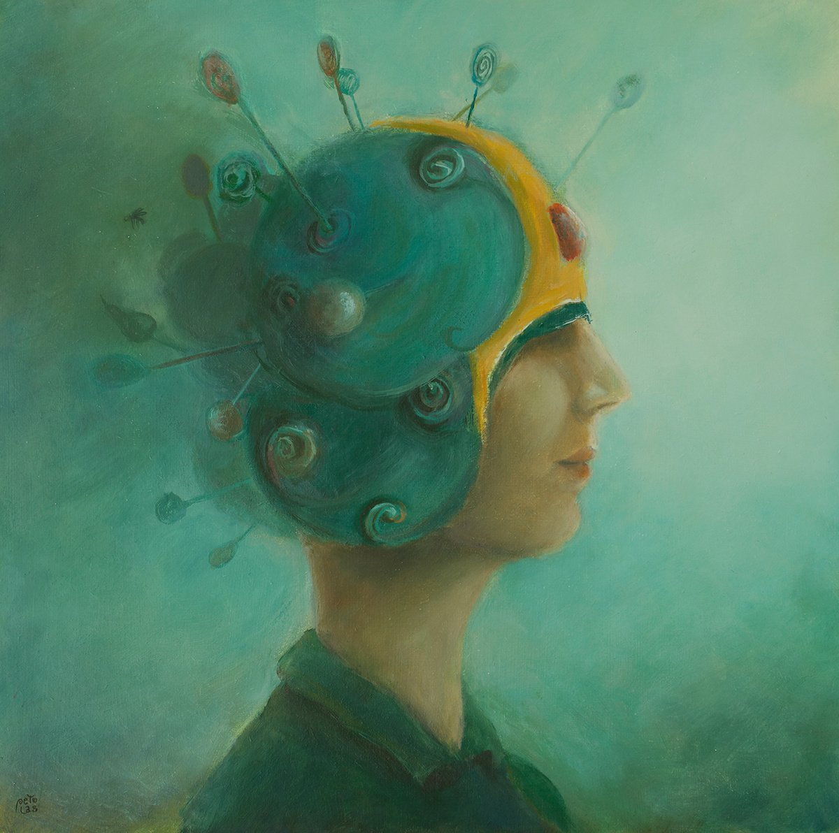 Surrealistic Portrait Oil Painting By Nikolina Petolas, 16 X 16", Green Thoughts, Original Artwork