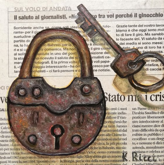 "Padlock on Newspaper" Original Oil on Canvas Painting 6 by 6 inches (15x15x0.7 cm)