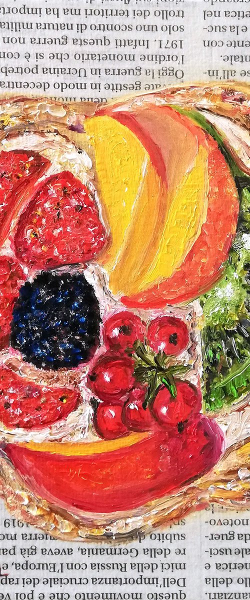"Fruit Tart on Newspaper" Original Oil on Canvas Board Painting 6 by 6 inches (15x15 cm) by Katia Ricci