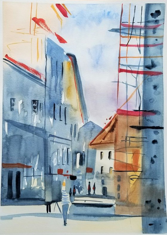 Ravensburg Stroll. Original Watercolor Painting on Cold Press Paper 300 g/m or 140 lb/m. Cityscape Painting. Wall Art. 11" x 15". 27.9 x 38.1 cm. Unframed and unmatted.