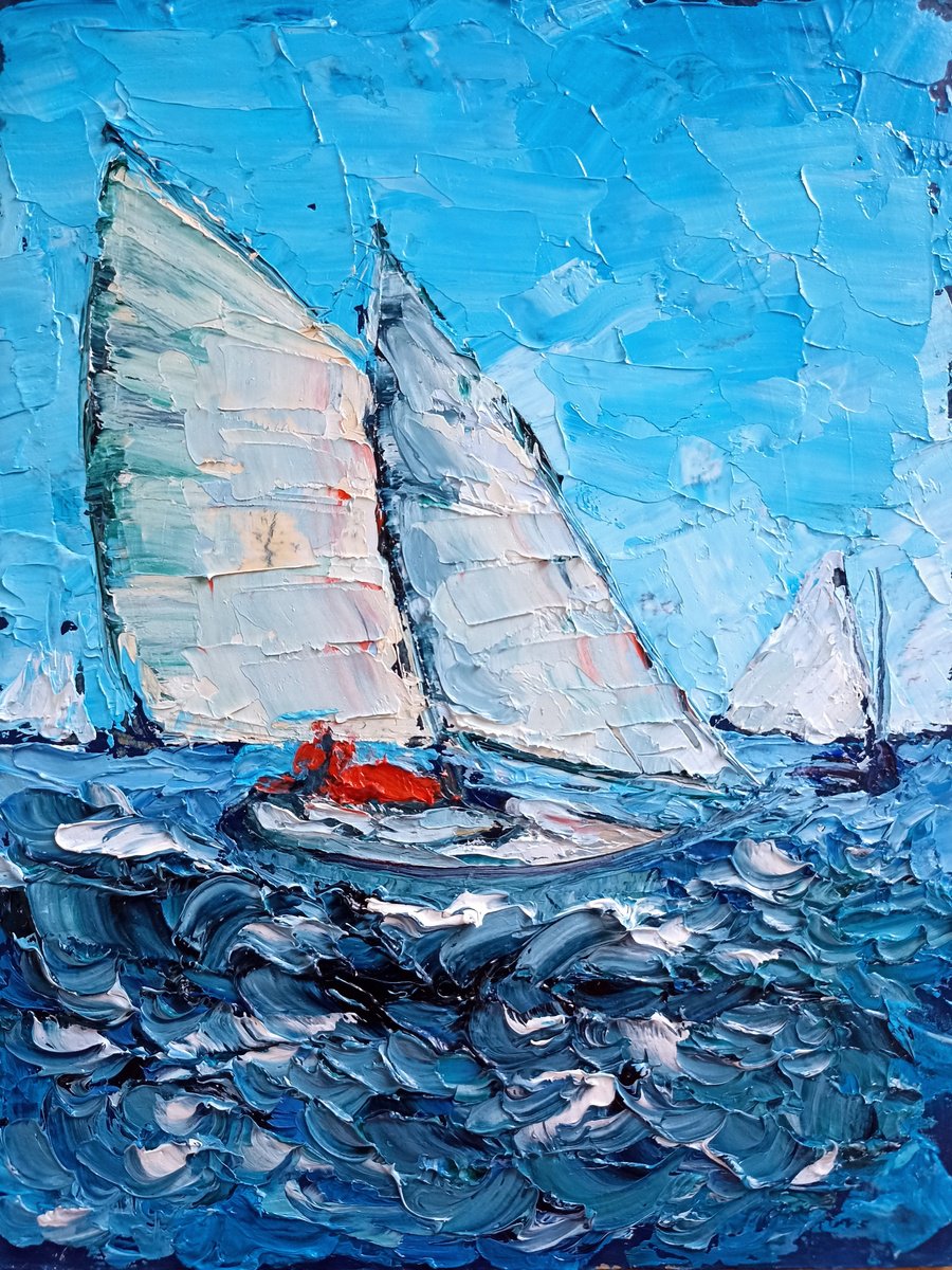 Expressive Landscape Oil Painting By Alfia Koral, 6 X 8, Sea Regatta, Original Artwork