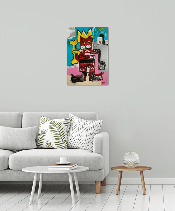 King Cat Troy  in a CROWN ( 71x 51cm, 28 x 20 inches,) version of famous painting by Jean-Michel Basquiat