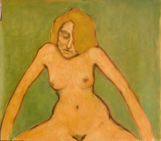 study of a nude woman on a green background