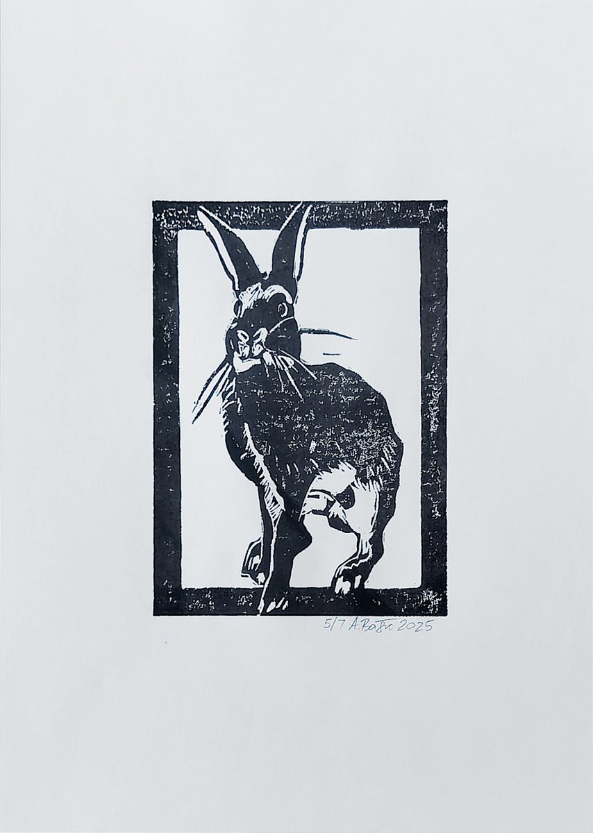Expressive Animal Linocut By Aleksandar Basic, 12 X 17, Rabbit 5/7, Original Artwork
