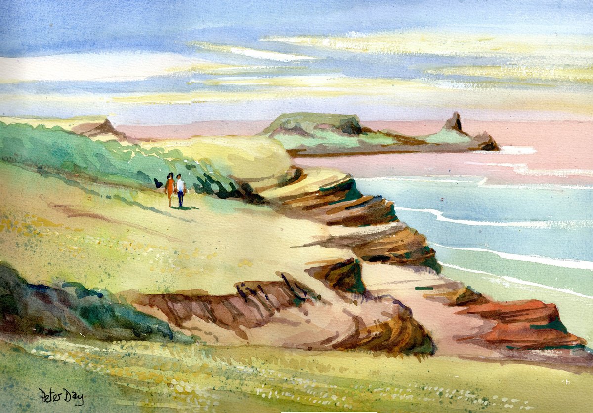 Impressionistic Landscape Watercolour By Peter Day, 17 X 13", Rhossili, Worms Head, Wales, Original Artwork
