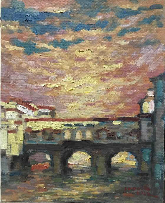 Original Oil Painting Wall Art Artwork Signed Hand Made Jixiang Dong Canvas 25cm × 30cm Ponte Vecchio in the Sunset small building Impressionism