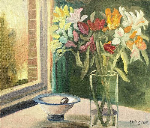 Still Life of Flowers and bowl on a table by Julian Lovegrove Art