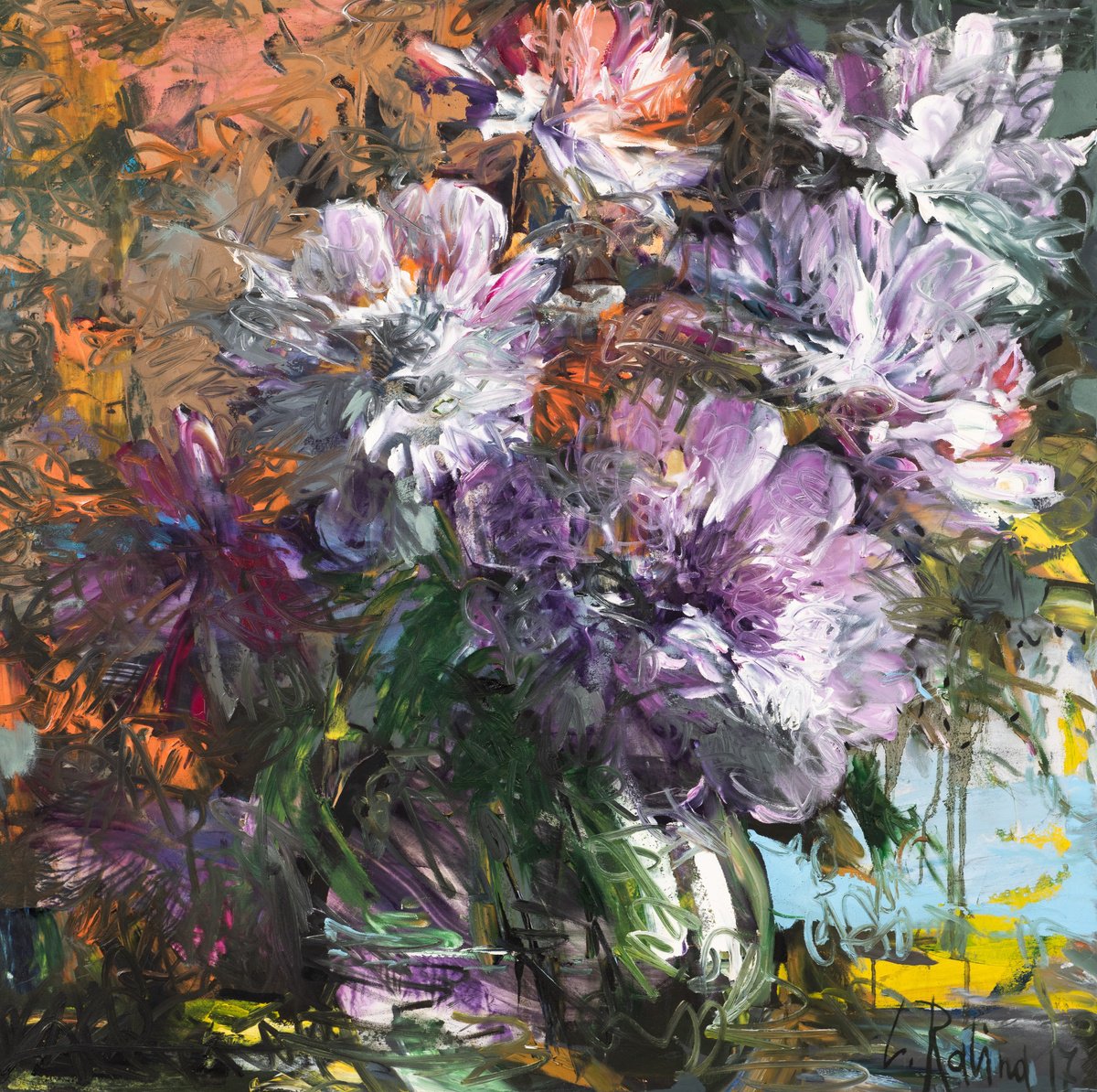 Organic Botanical Oil Painting By Yelena Ralina, 39 X 39", Evening, Original Artwork