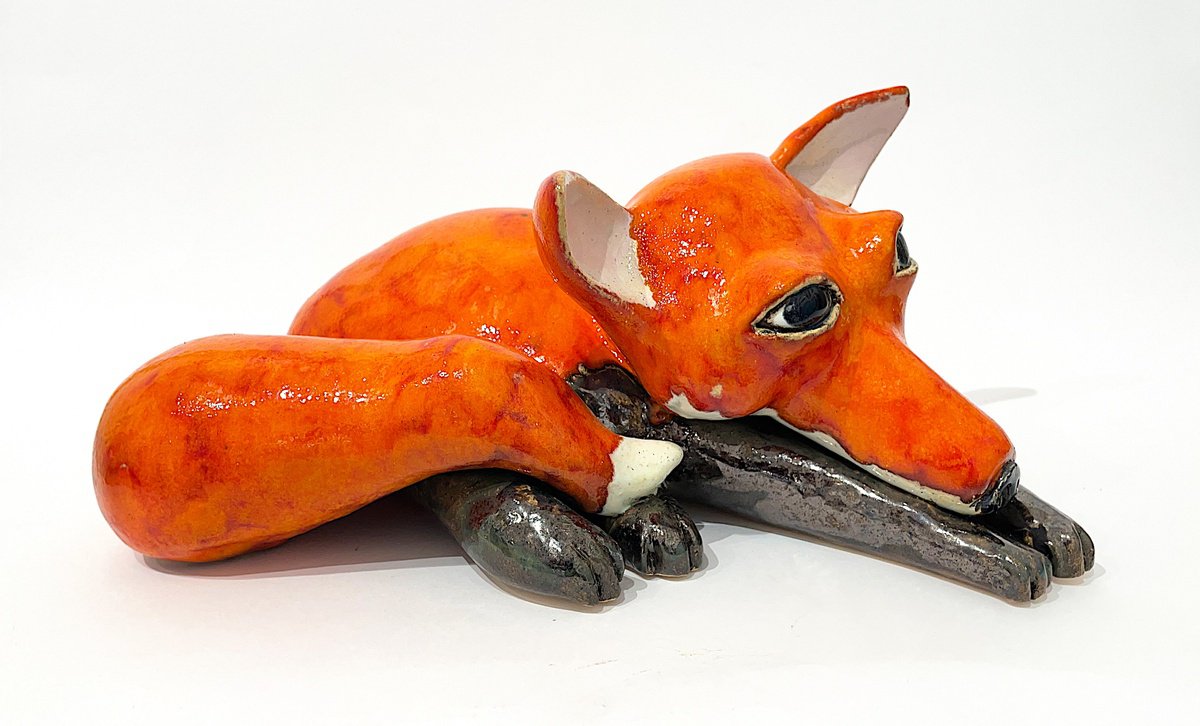Expressive Animal Clay Sculpture By Viktor Zuk, 13 X 6", Charming Lovely Fox, Original Artwork