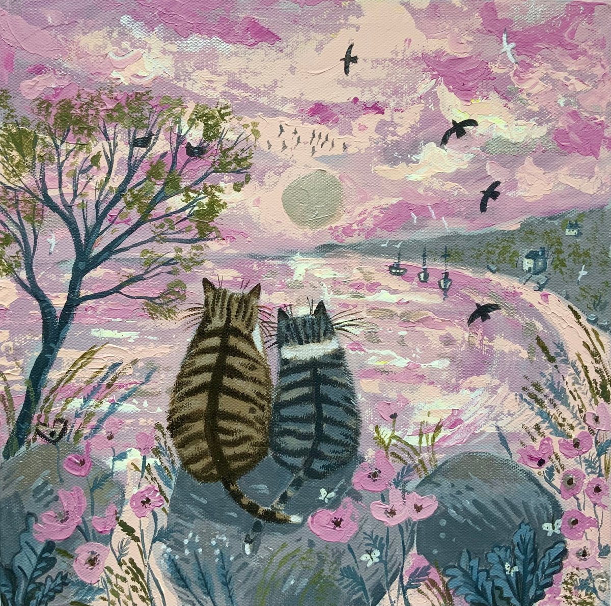 Impressionistic Animal Acrylic Painting By Mary Stubberfield, 12 X 12", Silver Sunset Sea, Original Artwork