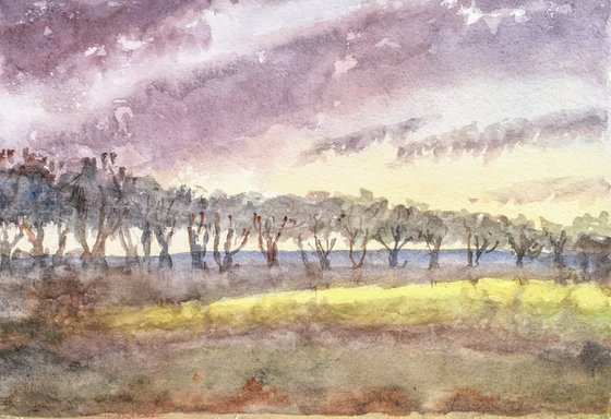 Line of  Autumn Trees, an original watercolour painting.