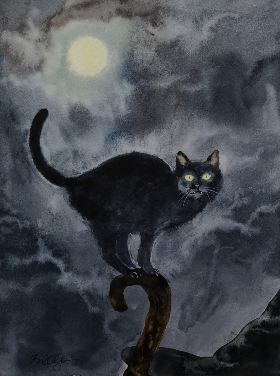 Black Cat Full Moon Happy Halloween by Olga Beliaeva Watercolour