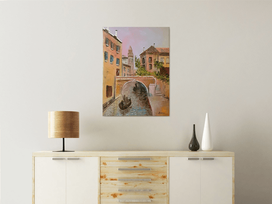 Gondola Ride Along River Bank in Venice, Italy