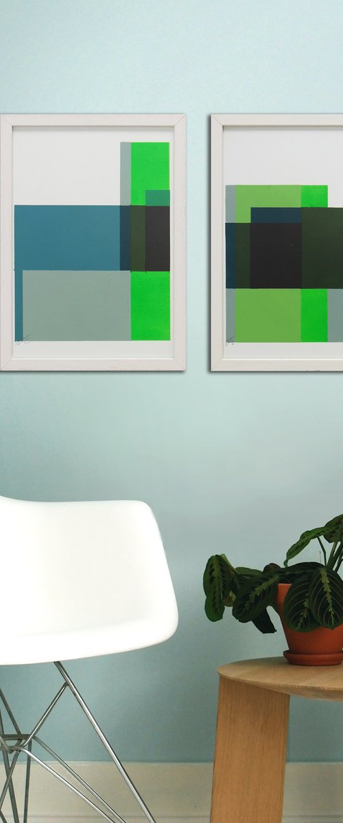 Diptych - Art on Paper - Incl Frame - Cubistic Modern Green - 27A by Ronald Hunter
