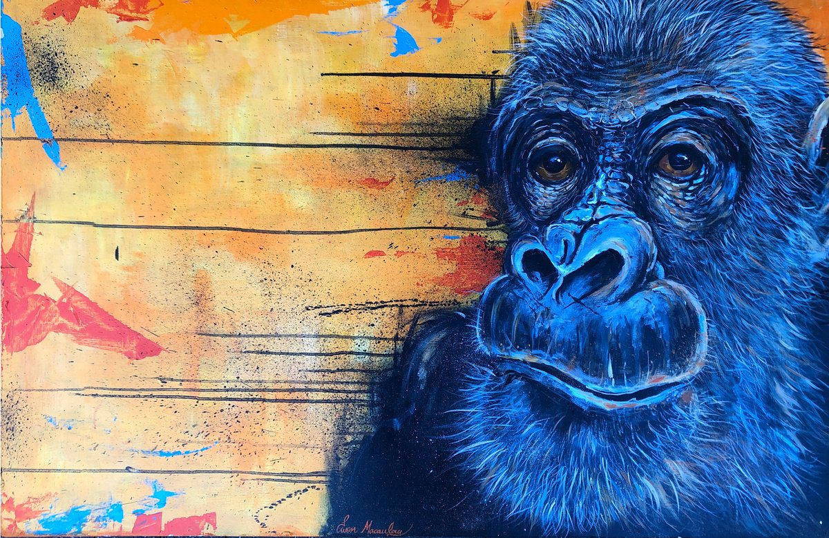 Impressionistic Animal Acrylic Painting By Ewen Macaulay, 48 X 31, Yellow Gorilla, Original Artwork