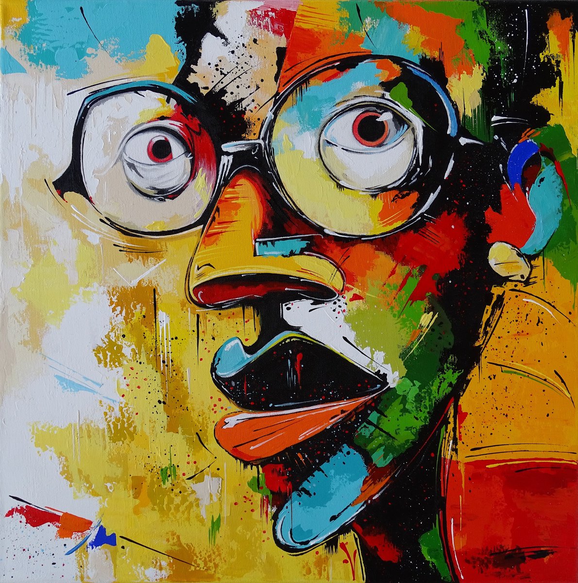 Surrealistic Portrait Acrylic Painting By Livien Rozen, 20 X 20", "Watching Like At The Cinema!", Original Artwork