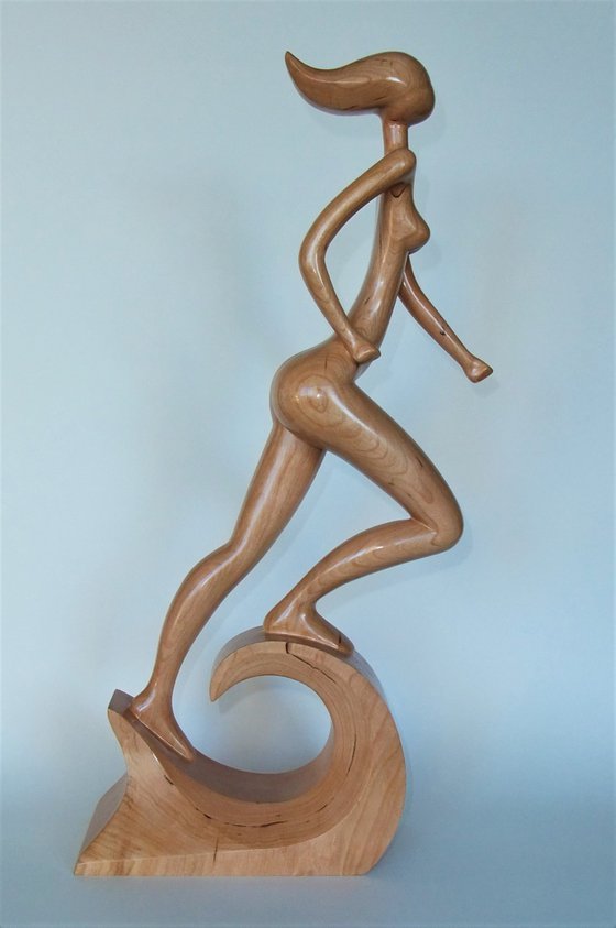 Nude Woman Wood Sculpture RUNNING on WAVES