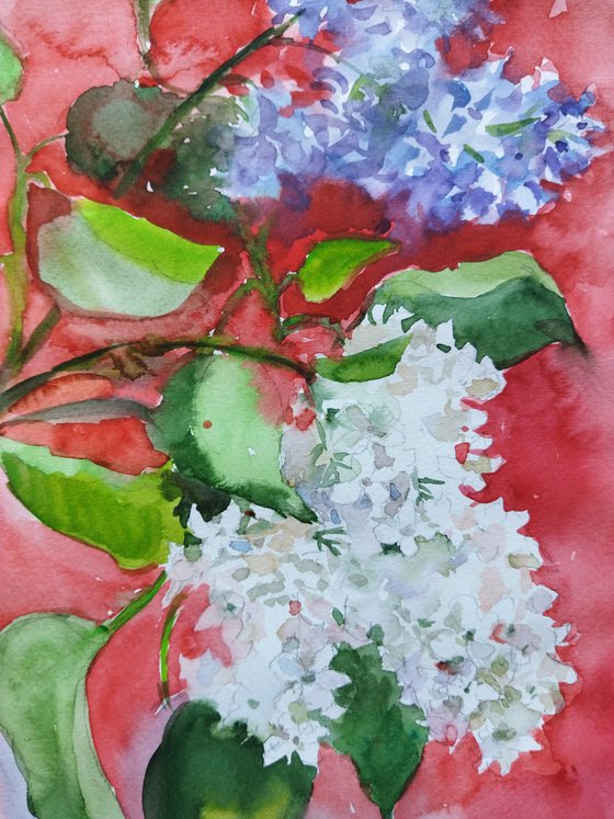 Lilac dream. Watercolor lilacs branches.