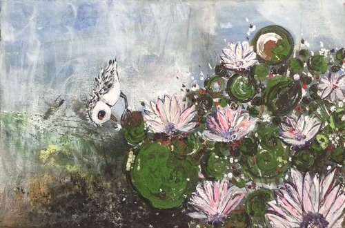 Pond and A Bird Acrylic Painting Birds and Animals Portrait Canvas Painting Ready to Hang Gift Ideas Pink Lotus Cute Birds Abstract Art For Sale Free Delivery by Kumi Muttu