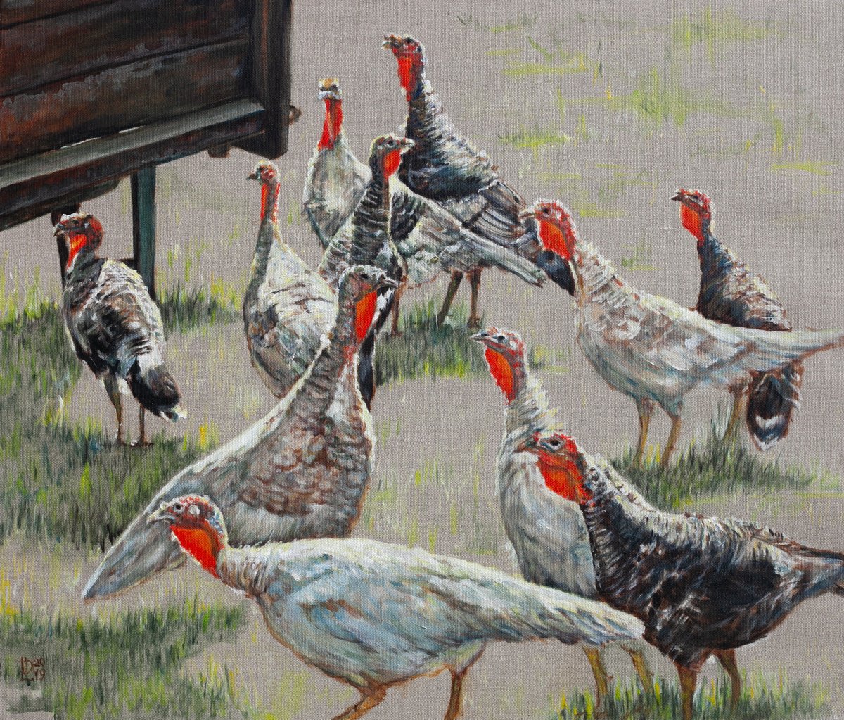 Photorealistic Animal Oil Painting By Liudmila Pisliakova, 28 X 24", Turkeys, Original Artwork