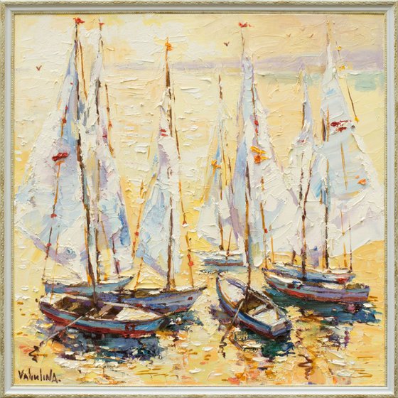 Boats at sunset painting Seascape art original oil painting