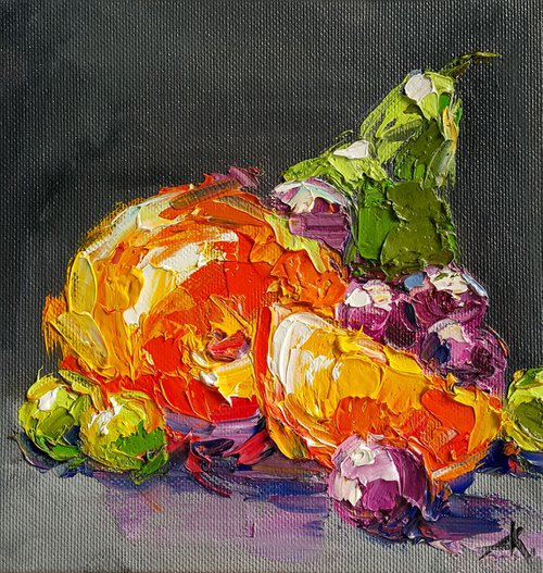 Orange, Painting still life, oil painting, fruit on the table, canvas painting, impressionism, still life palette knife by Anastasia Kozorez